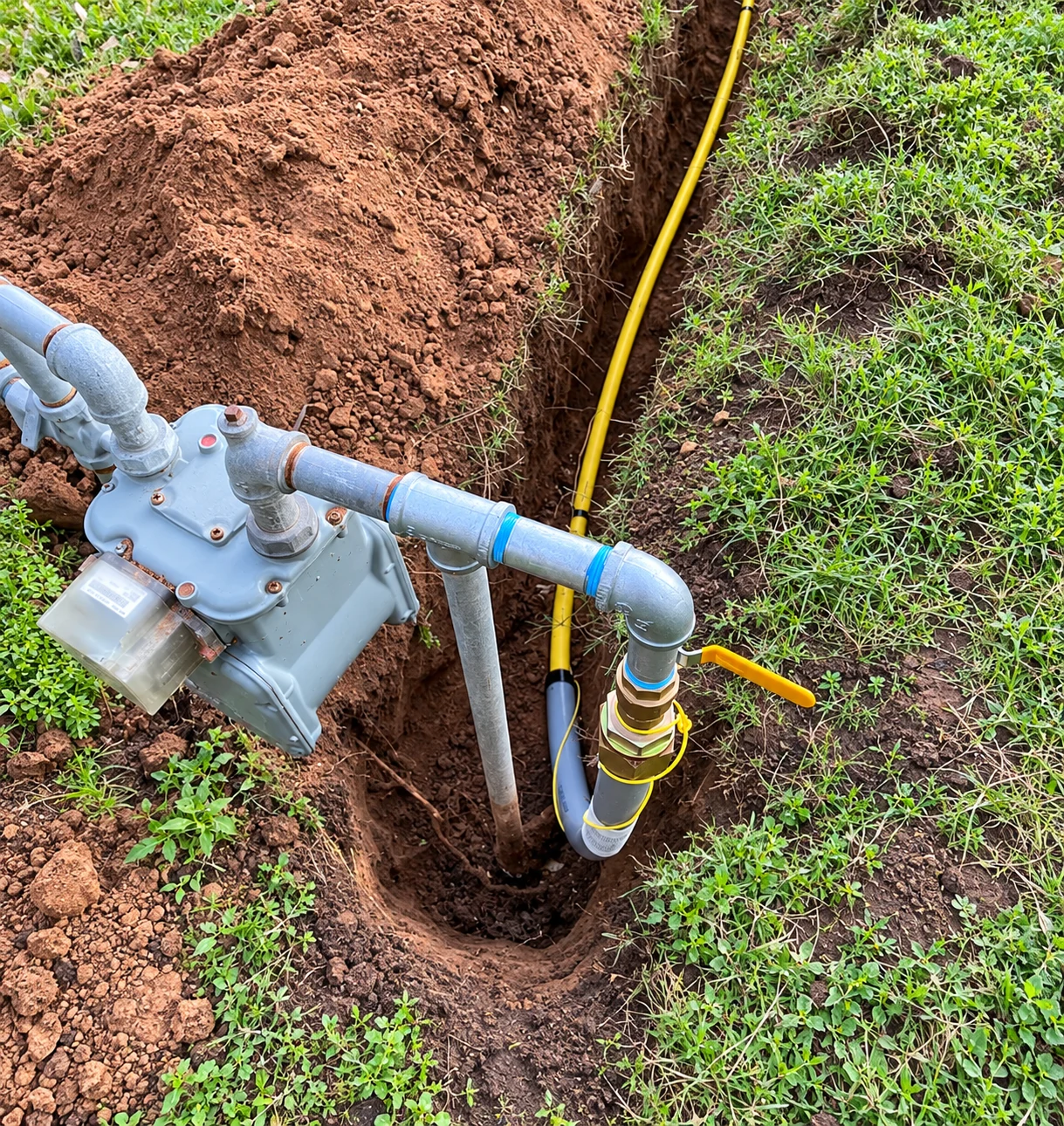 Gas meter and yellow underground gas line during installation