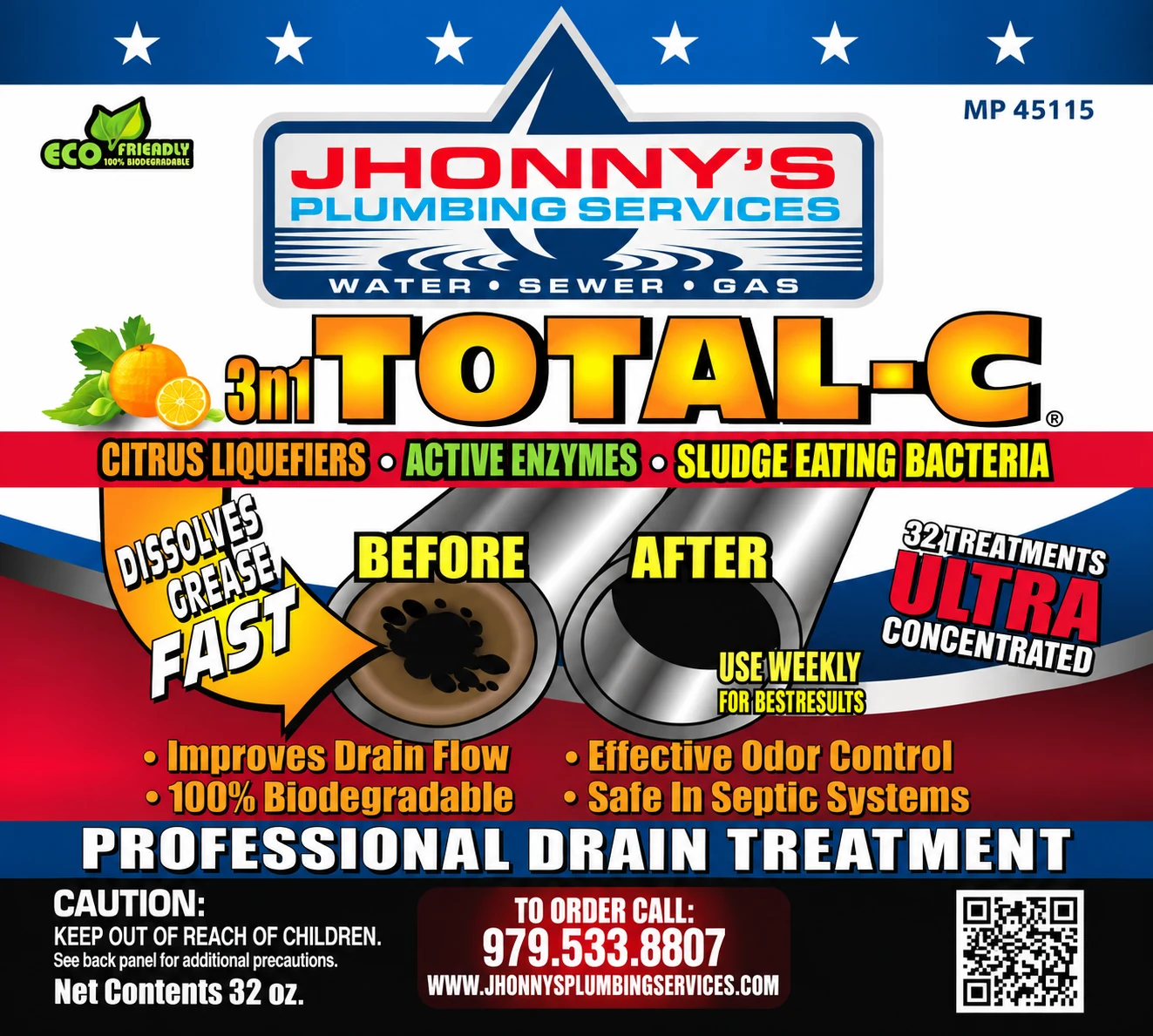 Jhonny’s Plumbing Services 3-in-1 Total-C professional drain treatment label