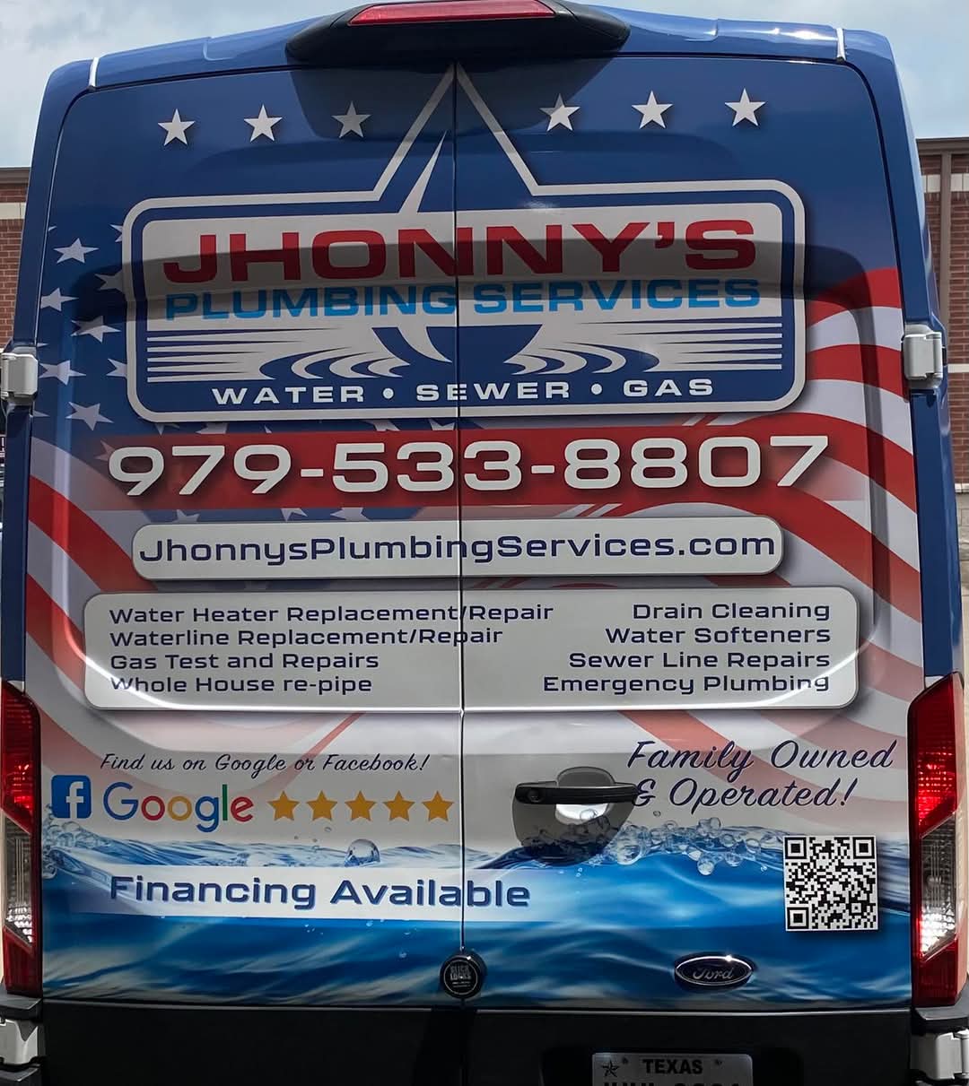 Jhonny’s Plumbing Services branding and phone number on the back of the service van